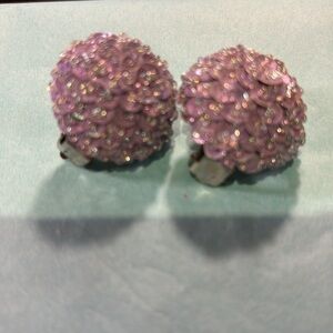 Mauve purplish iridescent sequins round statement earrings clip on